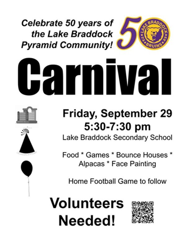 Lake Braddock Secondary Carnival September 29 from 5:30-7:30 pm
