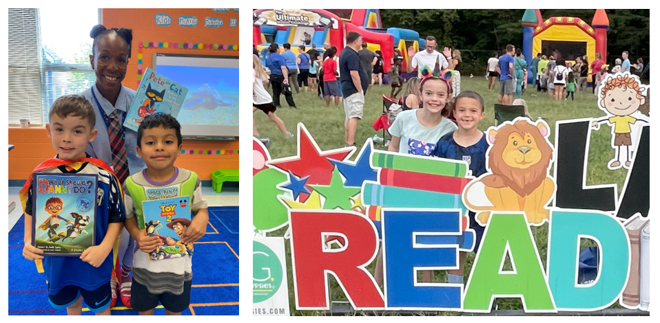 Staff and students dressed up as book characters holding books and at the kick-off event