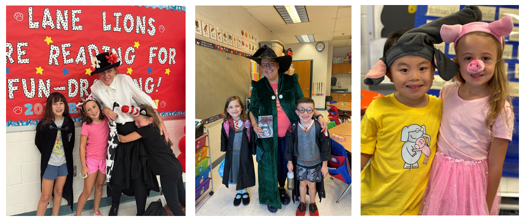 Staff and students dressed up as book characters holding books