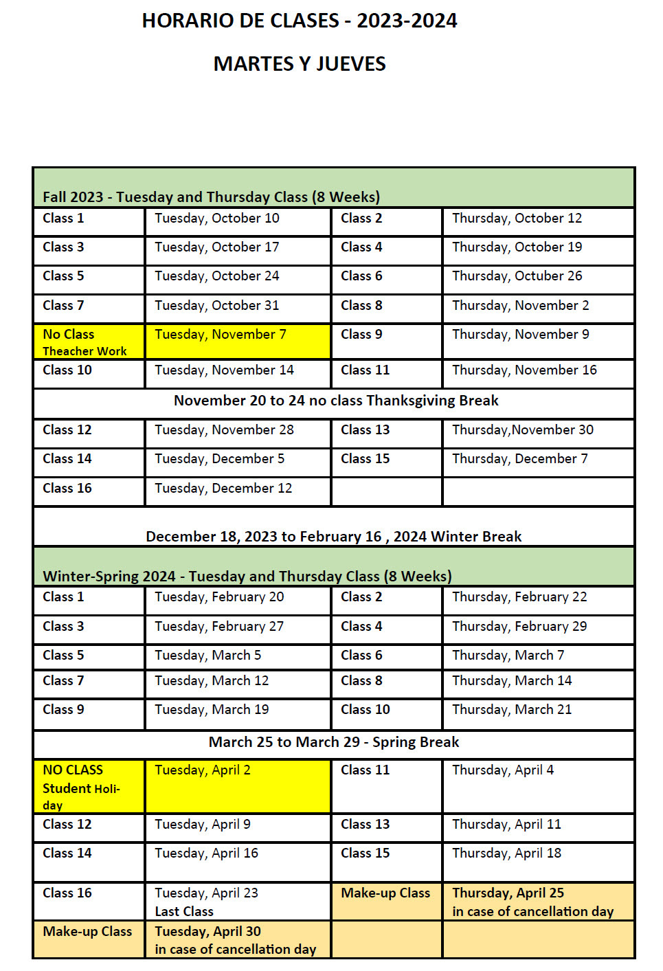 Early Literacy Class Schedule