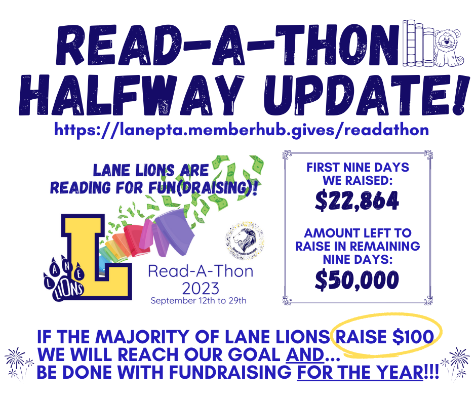 Lane  Read-a-Thon Halfway Update over $22,000 raised; goal is $75,000