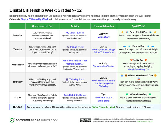 Calendar of TJ Digital Citizenship Week