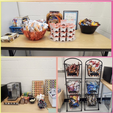 Pictures of snacks and drinks in the staff lounge