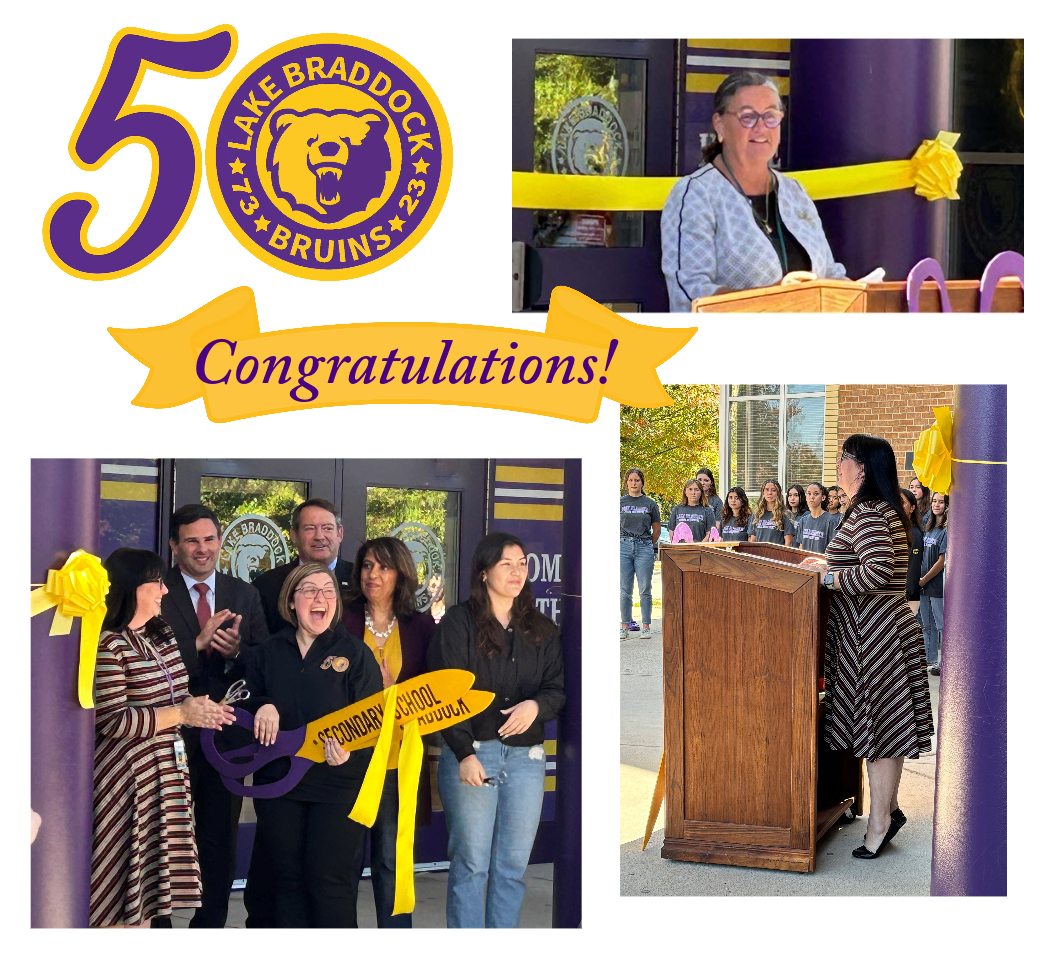 People speaking and cutting the ribbon at the Lake Braddock 50th Anniversary Celebration