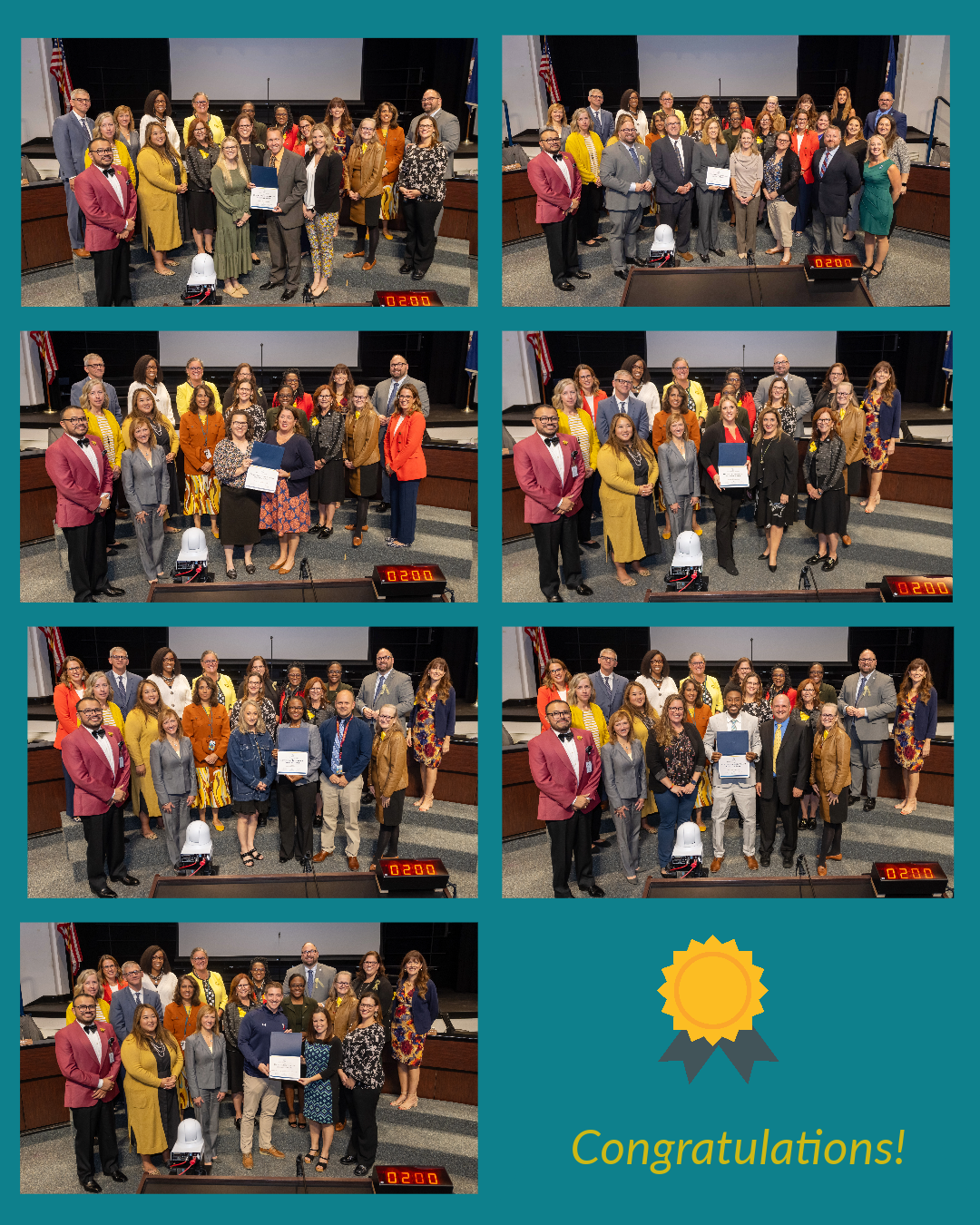 School administrators posing with School Board and Leadership Team members