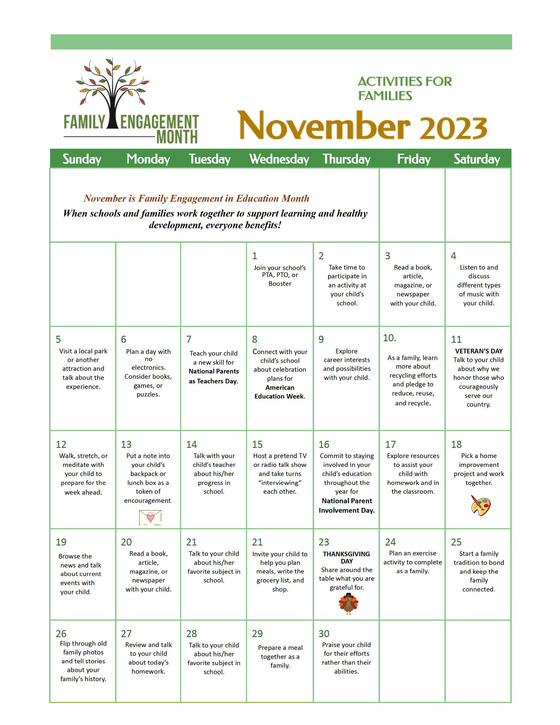 Family Engagement Month Calendar 