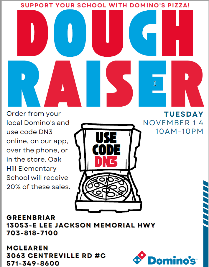 Domino's flyer for fundraising November 14th.