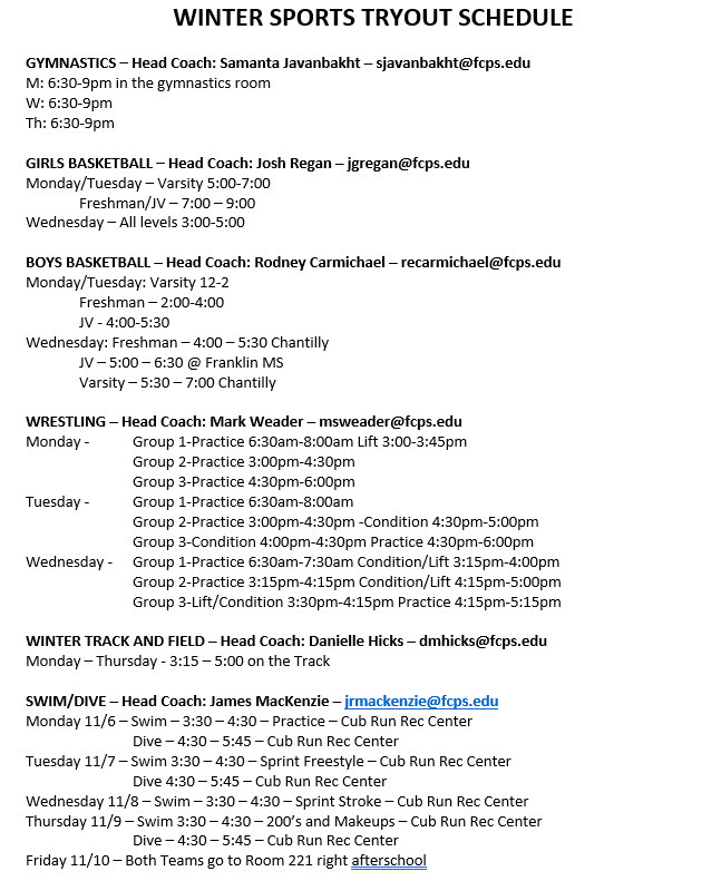 Winter Tryout Times