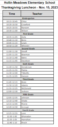 Thanksgiving luncheon schedule