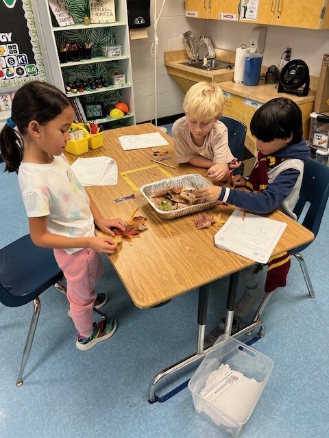 Students work on leaf animal art
