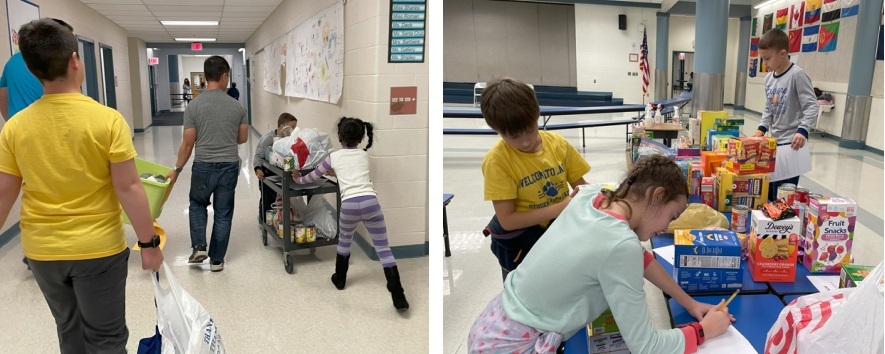 Students and parents sorting and counting food items