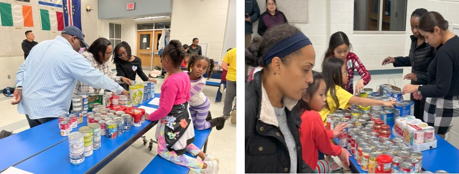 Students and parents sorting and counting food items