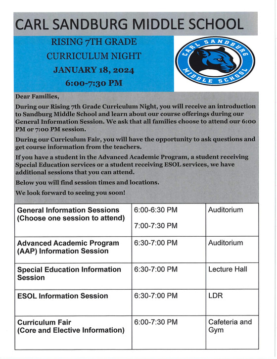 Flyer for 6th graders on transition information session 
