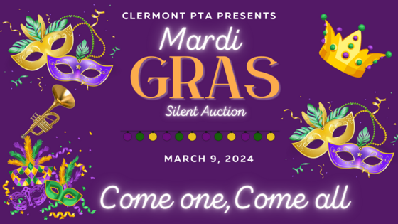 An image with a Mardi Gras mask advertises the 2024 PTA Silent Auction.