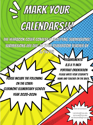 A comic themed image advertises the Clermont Yearbook Cover Contest