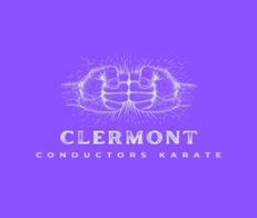 An image with a purple background and two fists touching with the words "Clermont Conductors Karate"