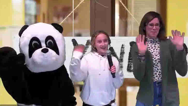 Image of Principal Farris greeting the students on Panda News Network on her first day at Franklin Sherman.
