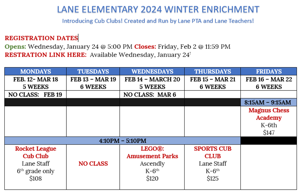 Schedule for Lane PTA Winter Enrichment