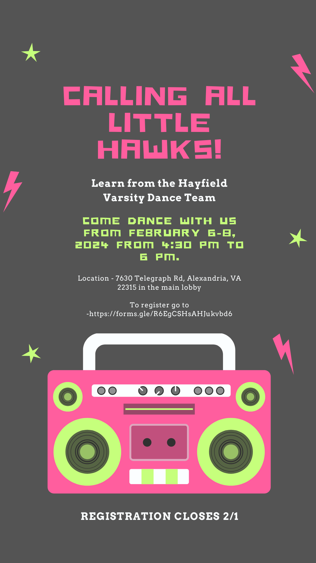 Hayfield Dance Team Little Hawks clinic flyer
