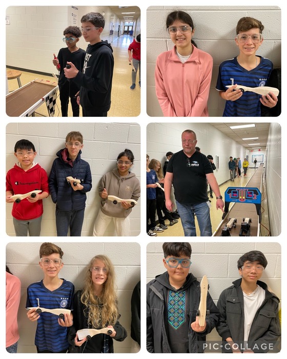 Pic collage of 6 pictures featuring students holding up their wooden cars and the racetrack.