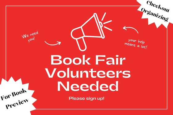 An image with a red background and a megaphone says "Book Fair Volunteers needed!"