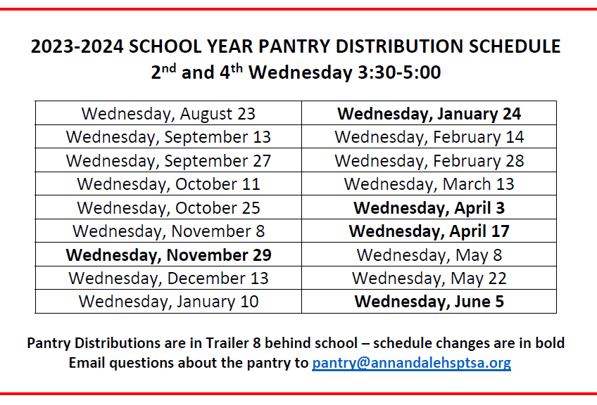 Pantry Schedule, second and fourth Wednesdays of each month 3:30pm