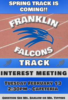 Flyer that says Spring Track is Coming with the Falcon logo on top of a track. All information included below the image.