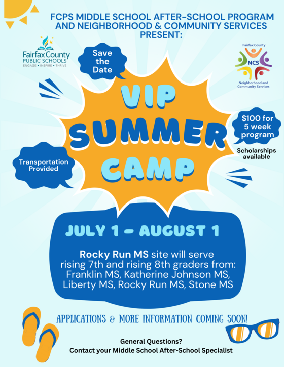 Summer Camp flyer for middle schoolers. Camp will be at Rocky Run MS from July 1 through August 1. All information included below the image.