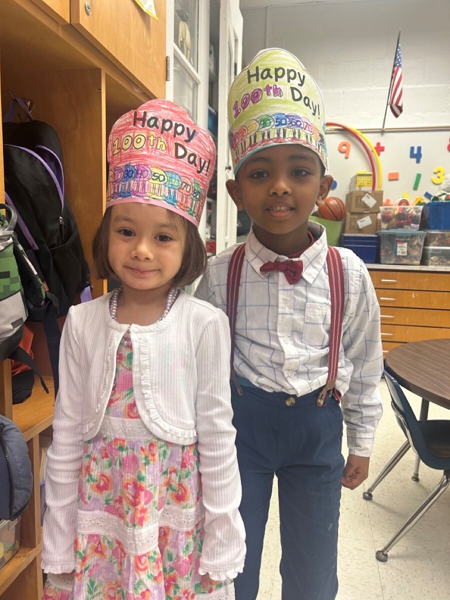 Students celebrate the 100th day of school by dressing like a 100 year old person.