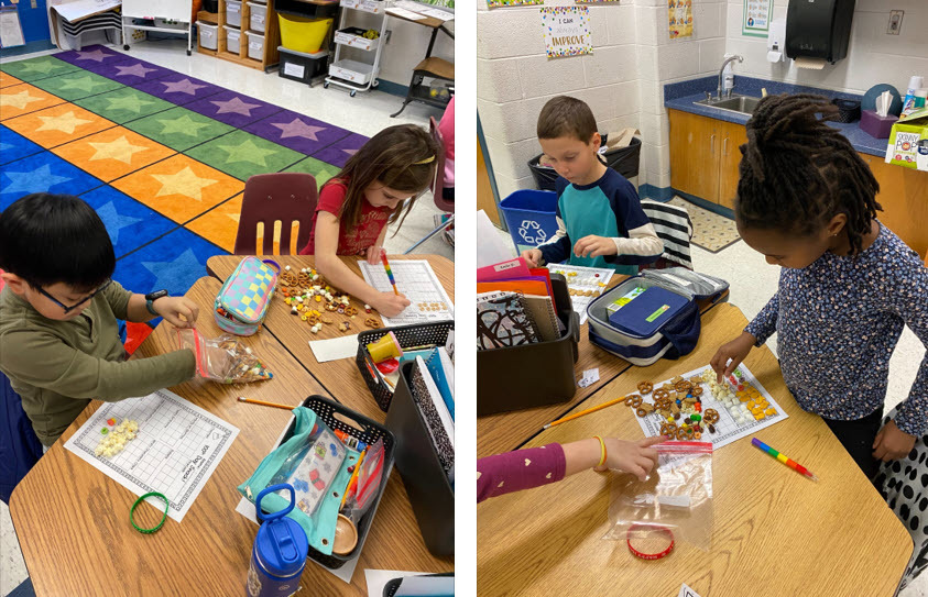 Students using snacks as math markers