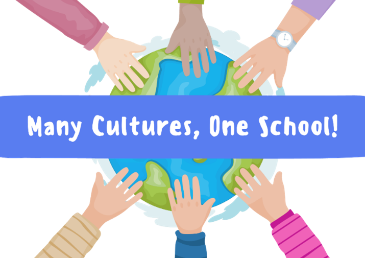 Hands of different ethnicity touching a globe - "Many Cultures, One School"
