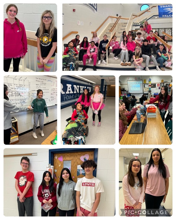 Collage of 7 pictures showing students handing out candy grams. Students are in pink for Valentine's Day.