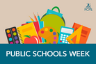 Image of apples and school supplies that says Public Schools Week