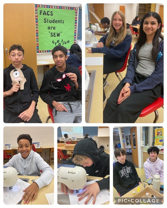 Collage of five pictures. In each one, students are using sewing machines and showing their sewing pillow projects.