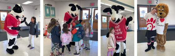 Students with the Chick-fil-A cow mascot and a teacher with Mr. Paws, our Lane Lion mascot
