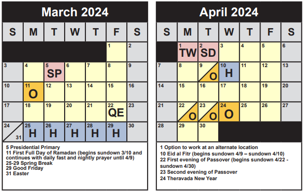 March and April Calendar