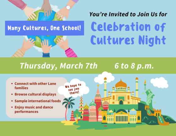 Invitation to Celebration of Cultures Night Thursday March 7th 6 p.m.