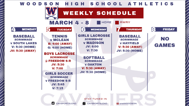 Athletic Schedule for Week of March 4