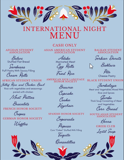 International Night Food menu