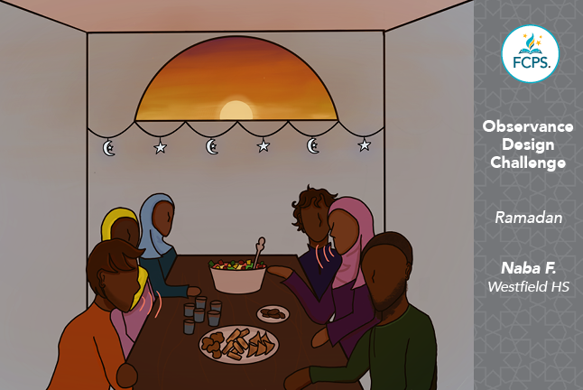 Illustration of a family eating dinner after sunset, designed by Naba F. from Westfield HS