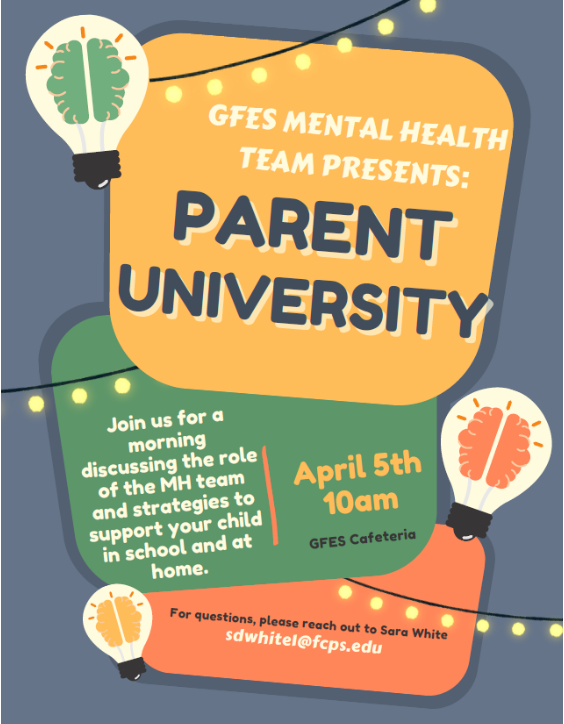 Parent University: join us for a monring discussion of strategies to support your child. April 5th @ 10 am