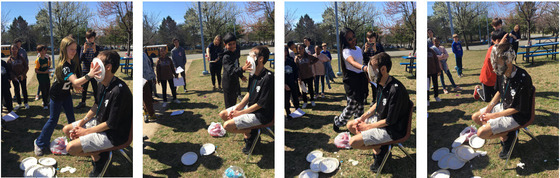 Students celebrating Pi Day with a Pie-in-the-Face for their teacher