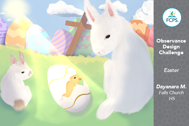 Artwork of Easter bunnies with Easter eggs