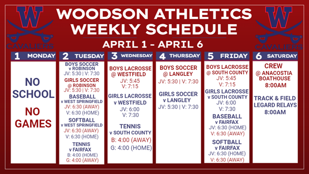 Athletic Calendar April 1 through April 6