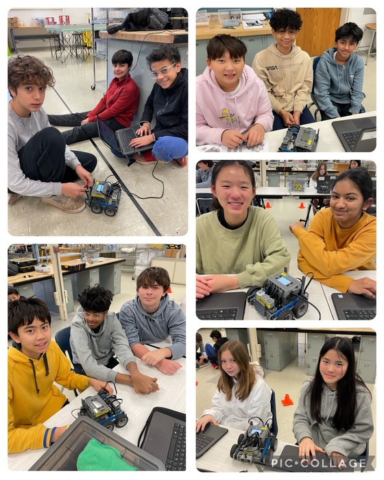Collage of 5 pictures of students with VEX robots
