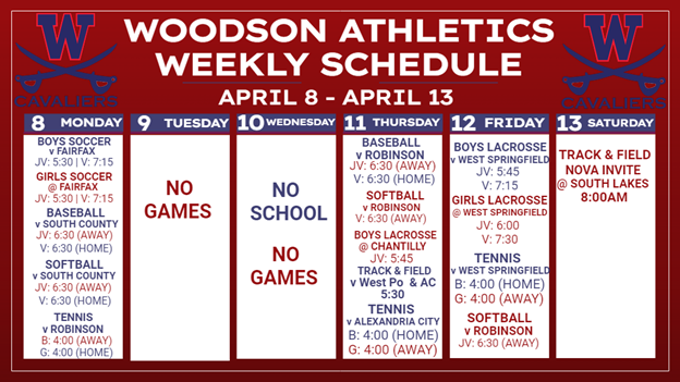 Athletic Calendar for the week of April 8