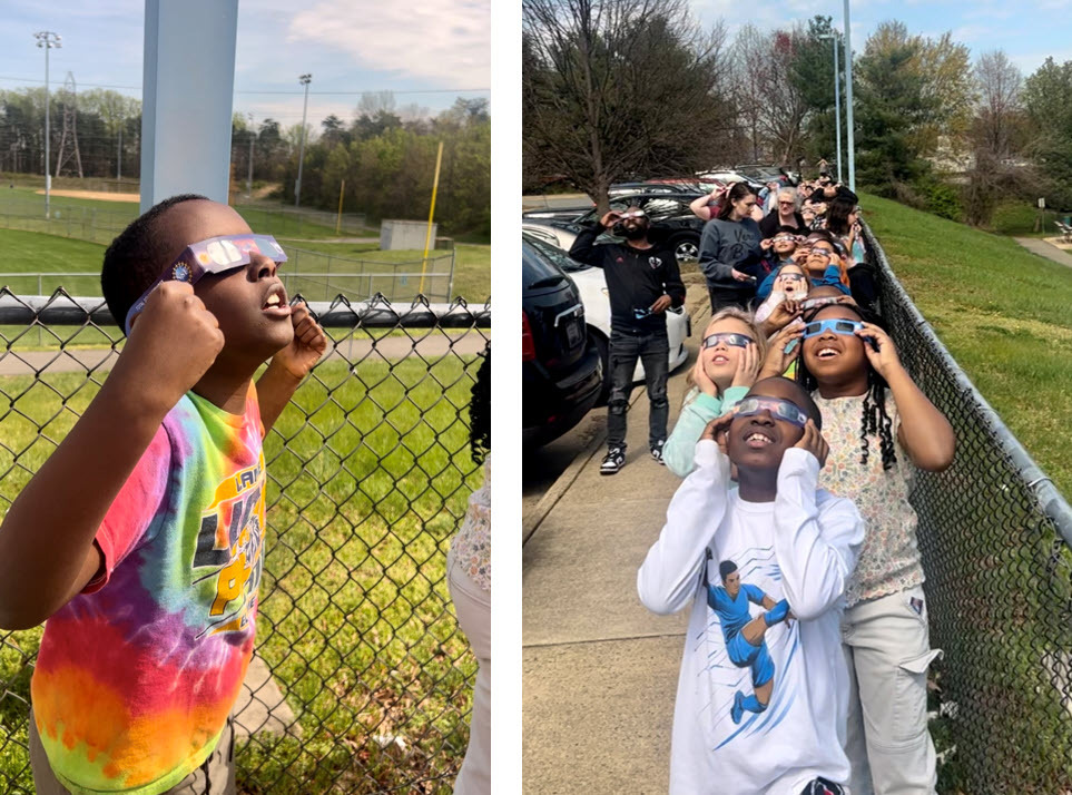 Students watching the solar eclipse wearing safety glasses