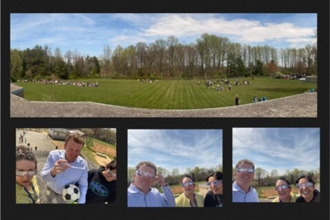 A Pano Pic of upper grade students on the field during the eclipse and time lapse photos of admin getting ready to watch eclipse.