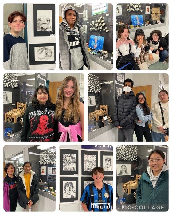 Collage of pictures of showing students and their artwork