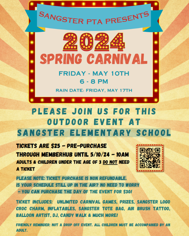 Spring Carnival Friday May 10th from 6 to 8 PM Rain Date May 17th. Tickets are $25 pre-purchase or $30 at the event. Adults and children under age 3 do not need a ticket. Ticket includes unlimited games, prizes, inflatables, and more!
